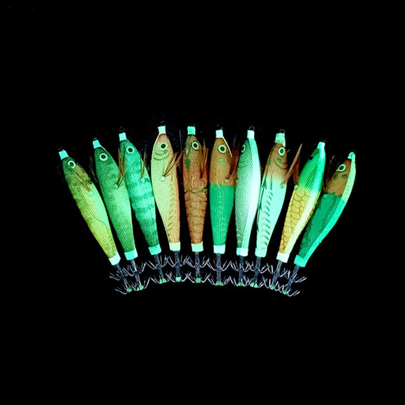 Horizontal Luminous Wooden Shrimp Squid jigging Set Round Belled Shrimp Sea Fishing lures