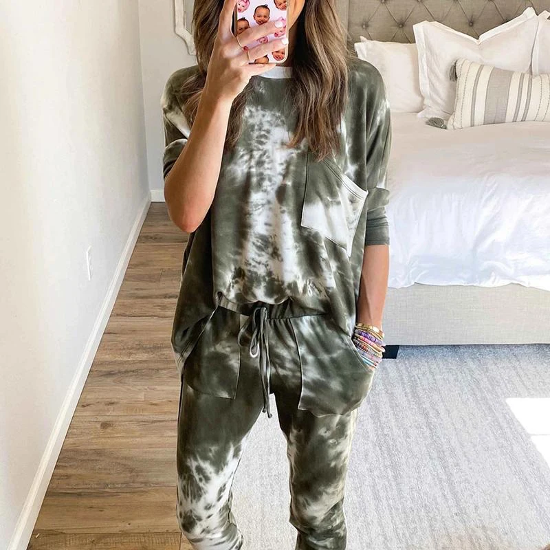 
Tie Dye Casual Camouflage Long Sleeve Lace Trouser Pockets Suit 