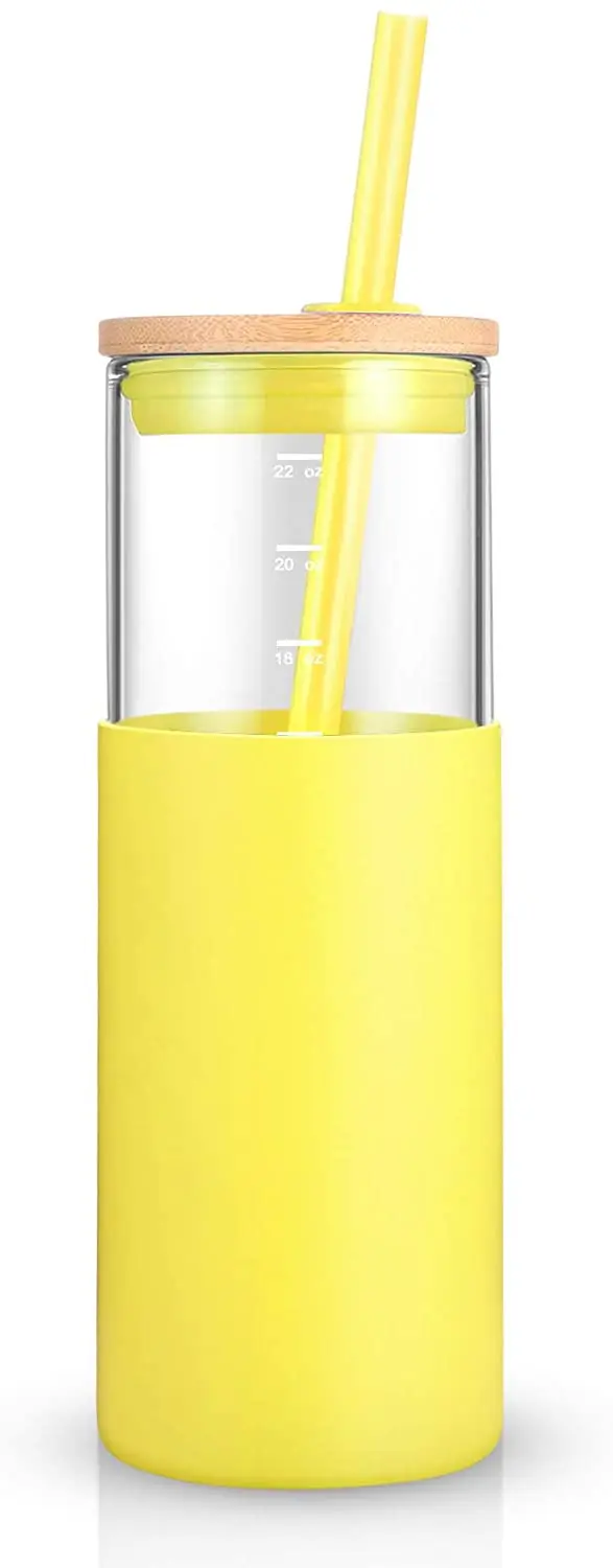 Glass Tumbler Glass Water Bottle Straw Silicone Protective Sleeve Bamboo Lid BPA Free Baby Silicone Sippy Cups with Straw