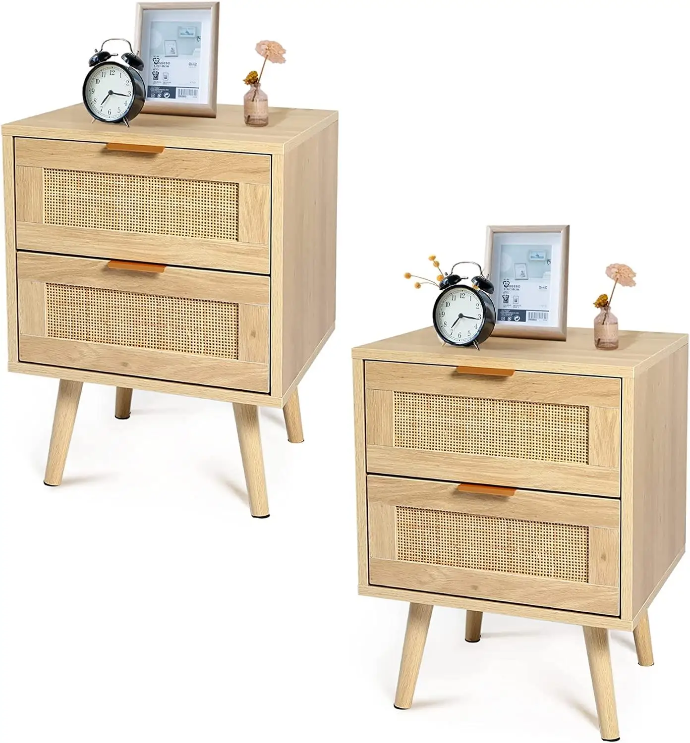 Mid Century Modern Nightstand with Drawers  Bedside Table Rattan Drawer End Storage Wooden Accent Sofa Side for Bedroom