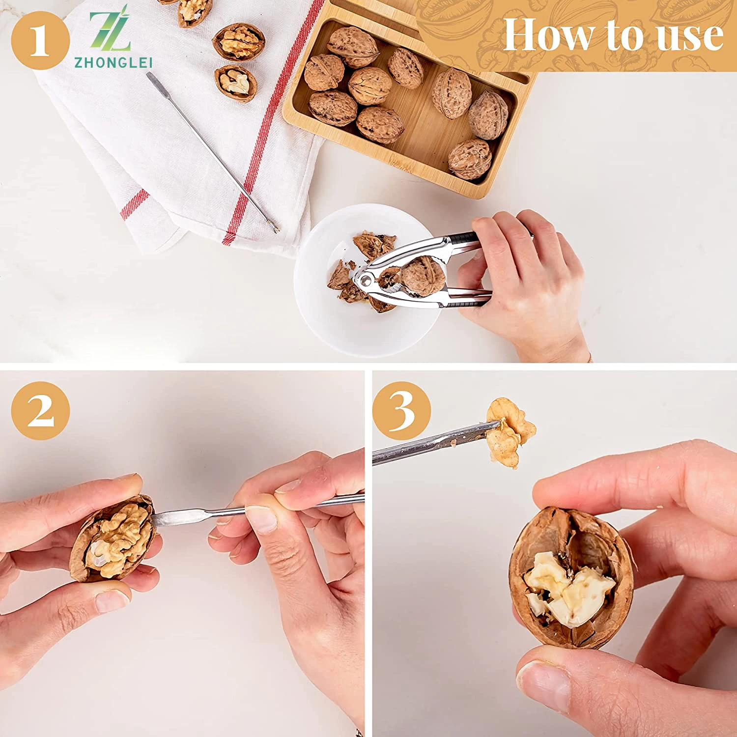 Nutcracker with Bamboo Tray and Pick Set - Heavy Duty Metal Hand Cracker for Hard Shell Nuts Pecan Pistachio Walnuts