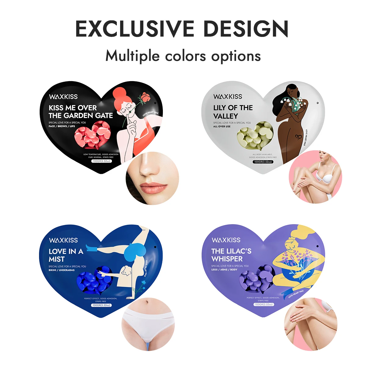 Waxkiss 100g Painless Hair Removal Hard Wax Bean Customize Lavender Rose Depilatory Love Heart Wax Beads For Salon