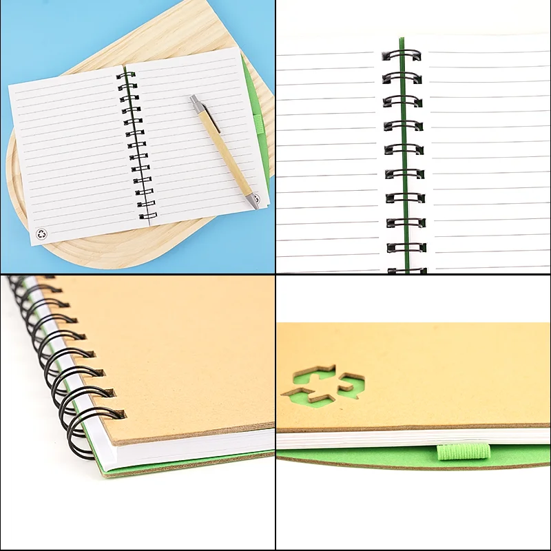 Custom Printed Eco-Friendly Recycled Spiral Kraft Notebook Featuring Your Logo with Elastic Band and Pen