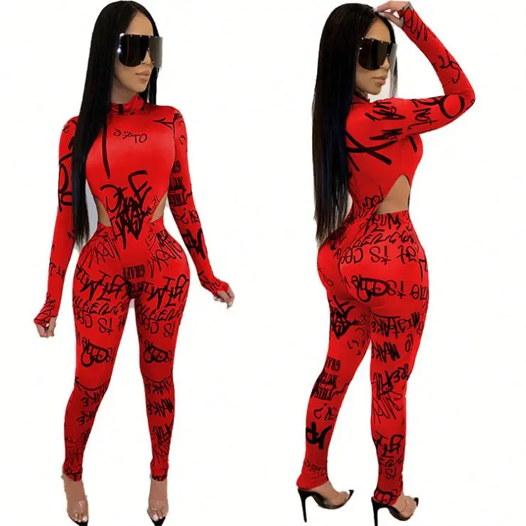
11AF285 high quality letter print long sleeve bocysuit bodycon club two piece outfits set women clothing 