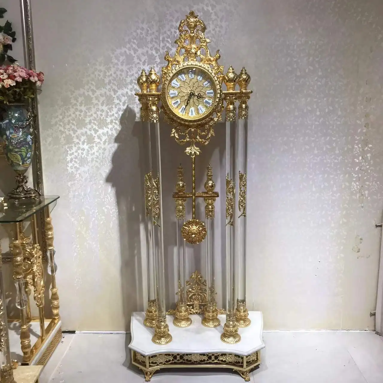 Grandfather Clock Golden Copper Black Crystal Deluxe Antique Floor Antique Royal Clock Floor