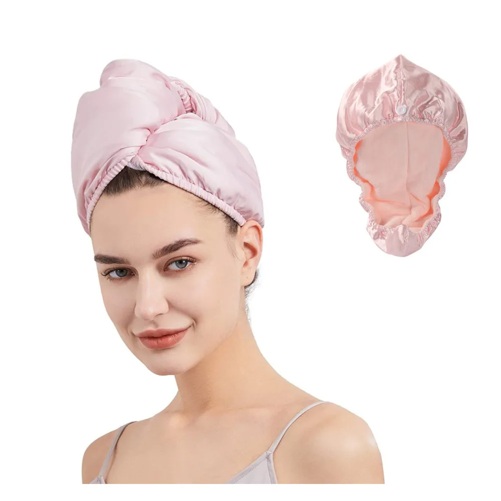 Satin Silk and Microfiber Double Sided Use Hair Drying Cap Bathroom Satin Lined Turban Towel Microfiber Hair Drying Towel Cap
