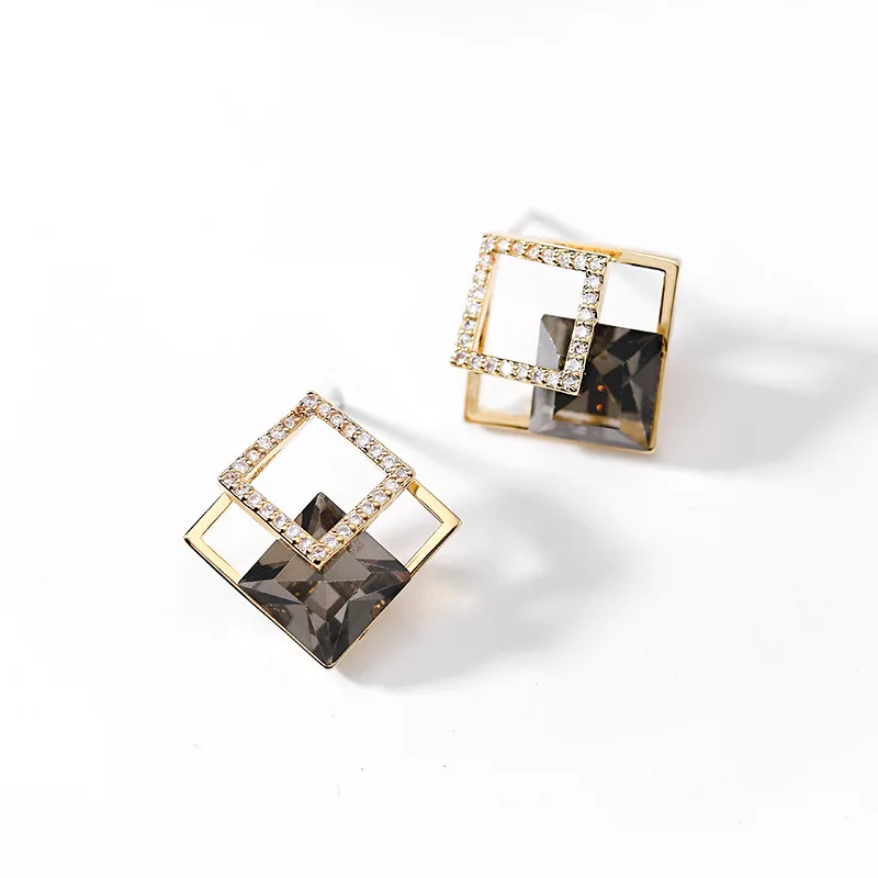 Luxury Fashion Geometric Rhombus Zircon Diamond Champagne Gold Grey Color Stud Earrings