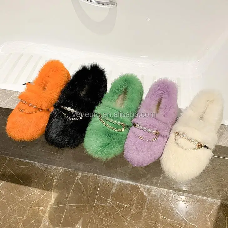 
Wholesale ladies fuzzy shoes pearl candy furry indoor slippers women shoes 
