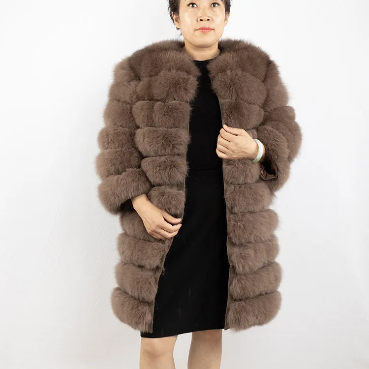 wholesale 90cm long winter brown fox fur coat women fur jacket with detachable hem
