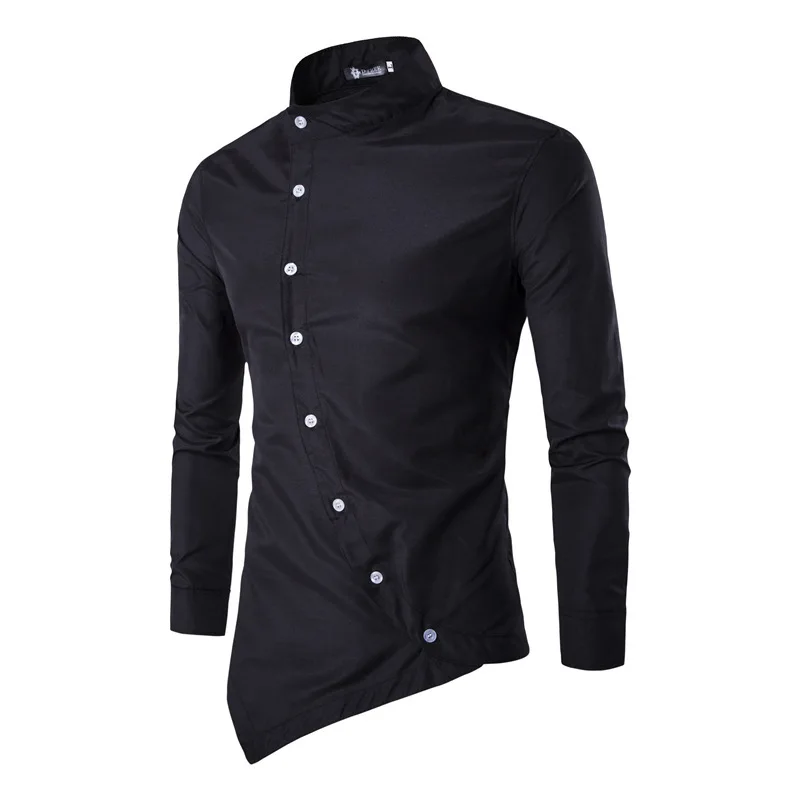 Wholesale Men New Arrival Court Style Oblique Placket Design Shirt Long Sleeve Stand Collar Button Solid Color Casual Shirt