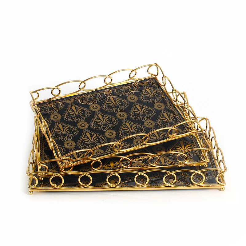 2024 Wholesale New Metal Glass Tray With Decorative Design Golden Glass Serving Trays