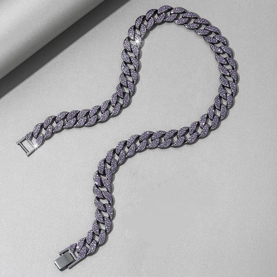 Factory Stock Black Color Alloy And Bling Purple Rhinestone Hip Hop 15mm Cuban Chain Bracelet