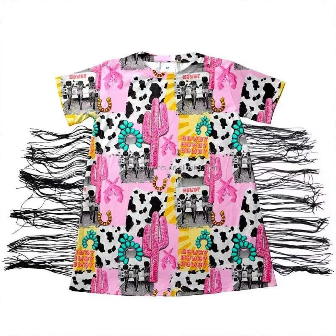 Wholesale Print Baby T Shirt Dress Fashion Girls Dresses with Black Fringe 0-16 Years Old Kids Dress