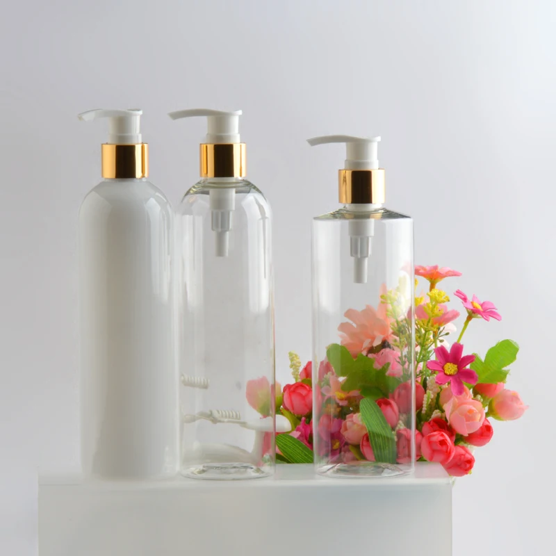 250ml 300ml 500ml transpareat white red green pet bottle silver disc cap dispenser bottle Press lid shampoo bottle