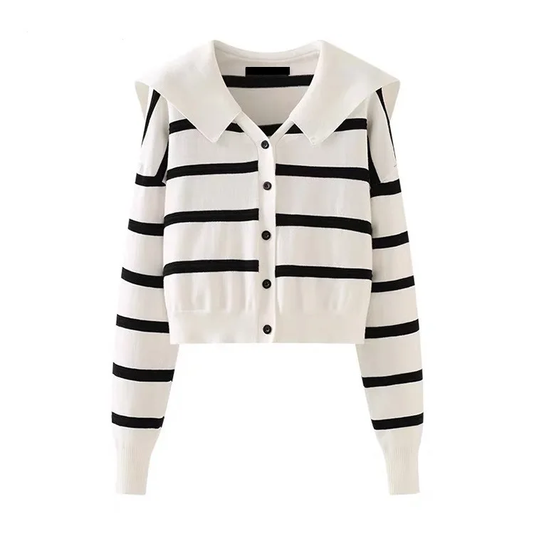 Elegant Women Sailor Collar Stripe Cardigan Spring Turn Down Collars Long Sleeves Lady Clothing Knitwear Youthful Woman Clothes