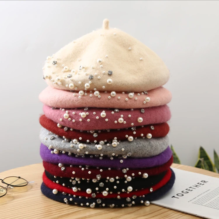  Luxury Pearl Berets Rivet Cashmere Beret Women Warm French Hats Girls Knitted Red Beaded