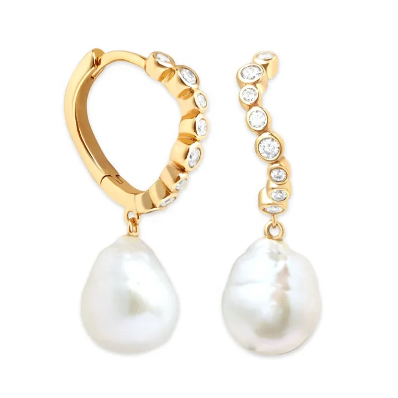 Gemnel 18k gold water wave crystal huggie twisted hoop drop freshwater pearl charm earring