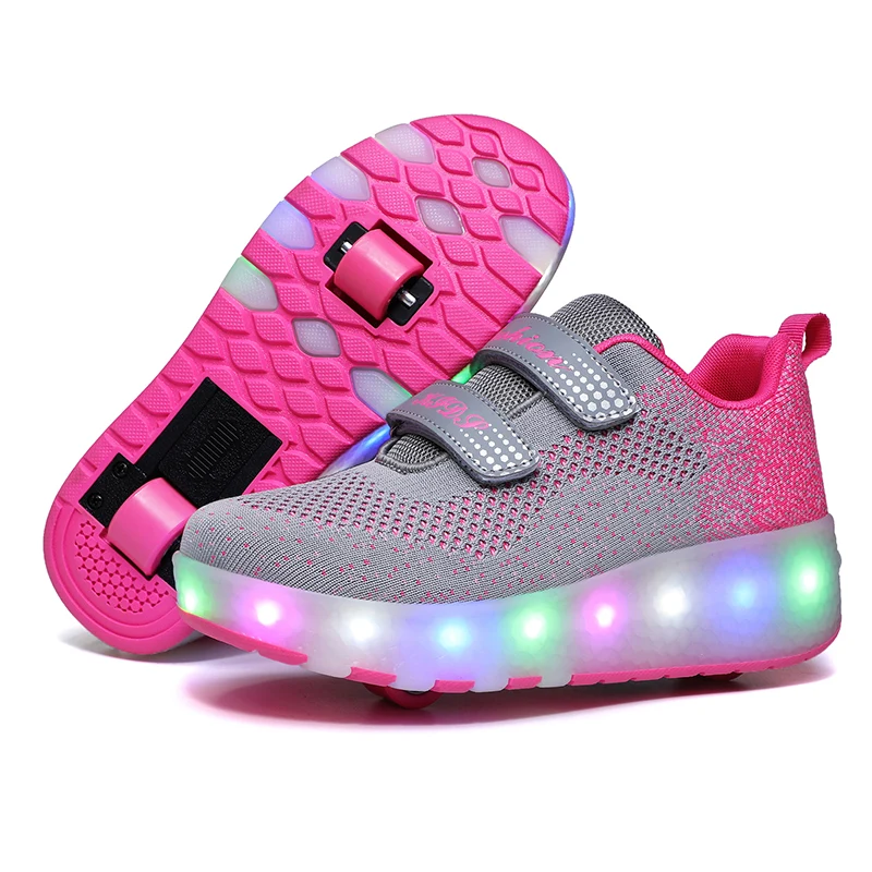 Two Wheels Retractable Roller Skate Shoes For Kids Light Up Fitness Sneakers