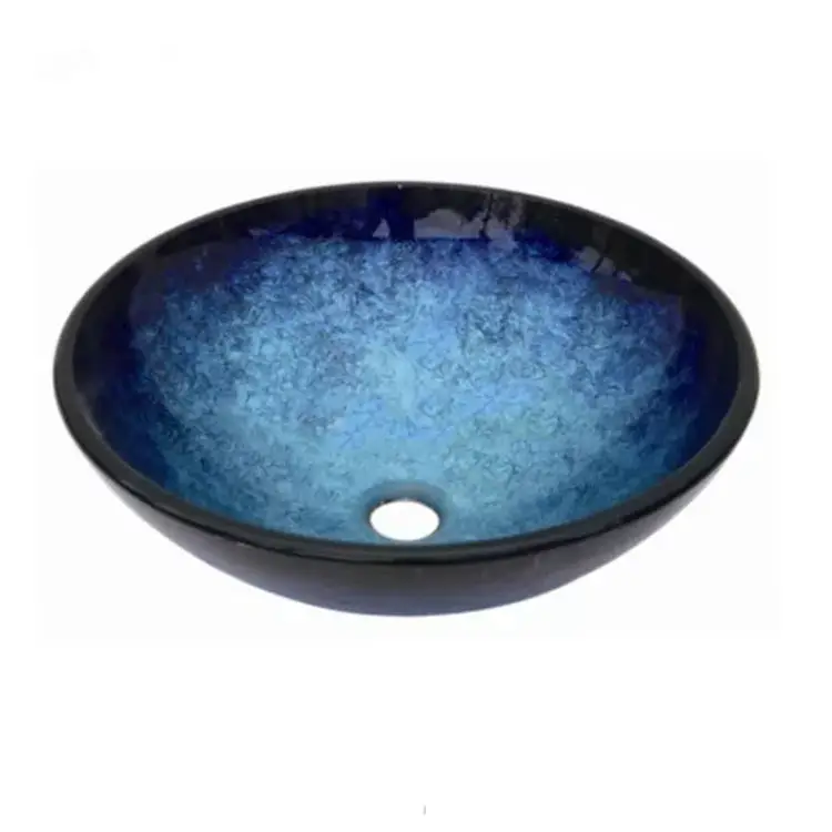 Wholesale Blue Clear Bathroom Vessel Tempered Glass Wash Hand Basins