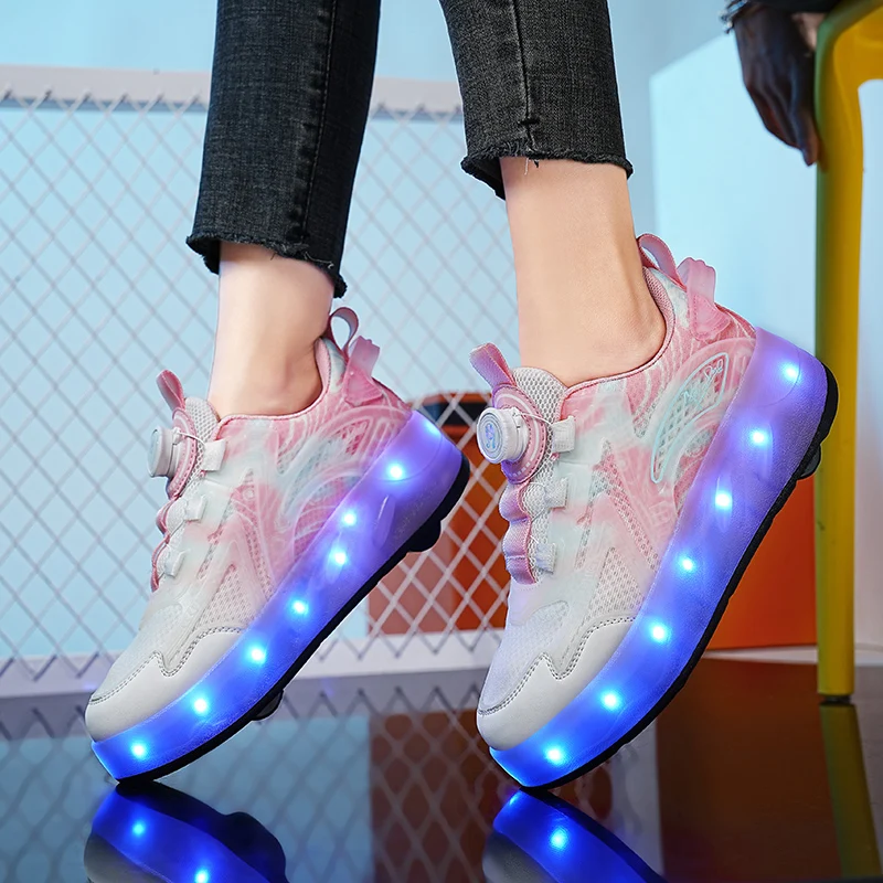 USB Chargeable LED Light Up Roller Shoes Wheels Automatic Button Skate Sneaker Shoes for Boys Girls Kids Gift DB