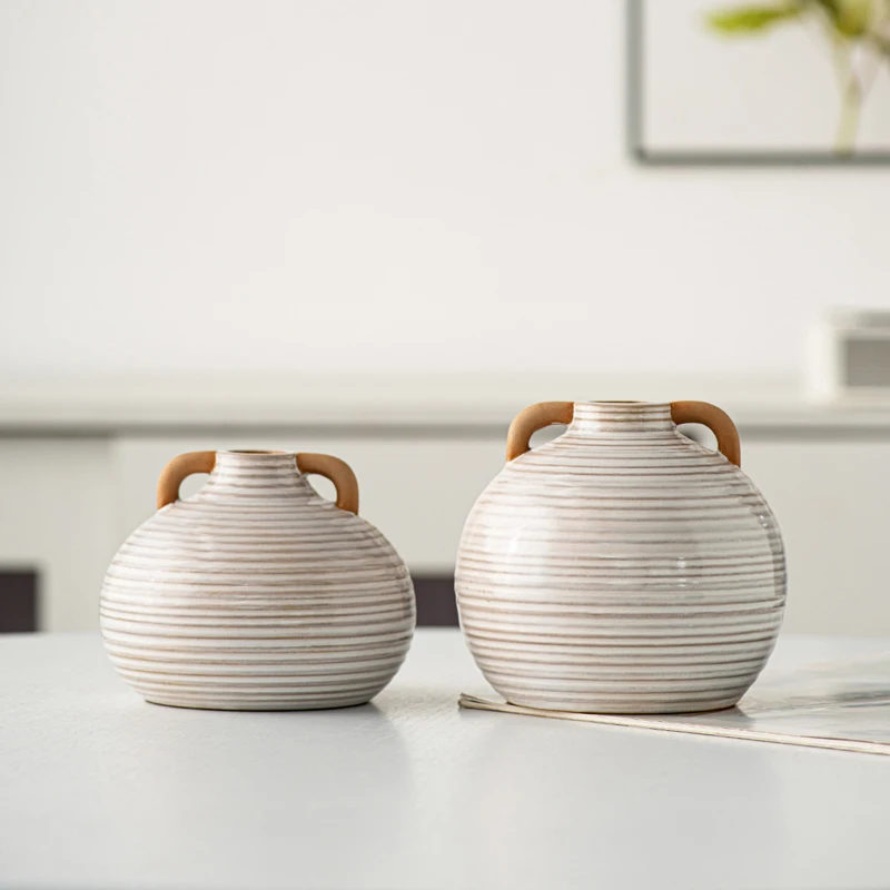 2024 New Rustic Dual Ear Horizontal Ripple Ceramic Vase Flower Vase Table Vase