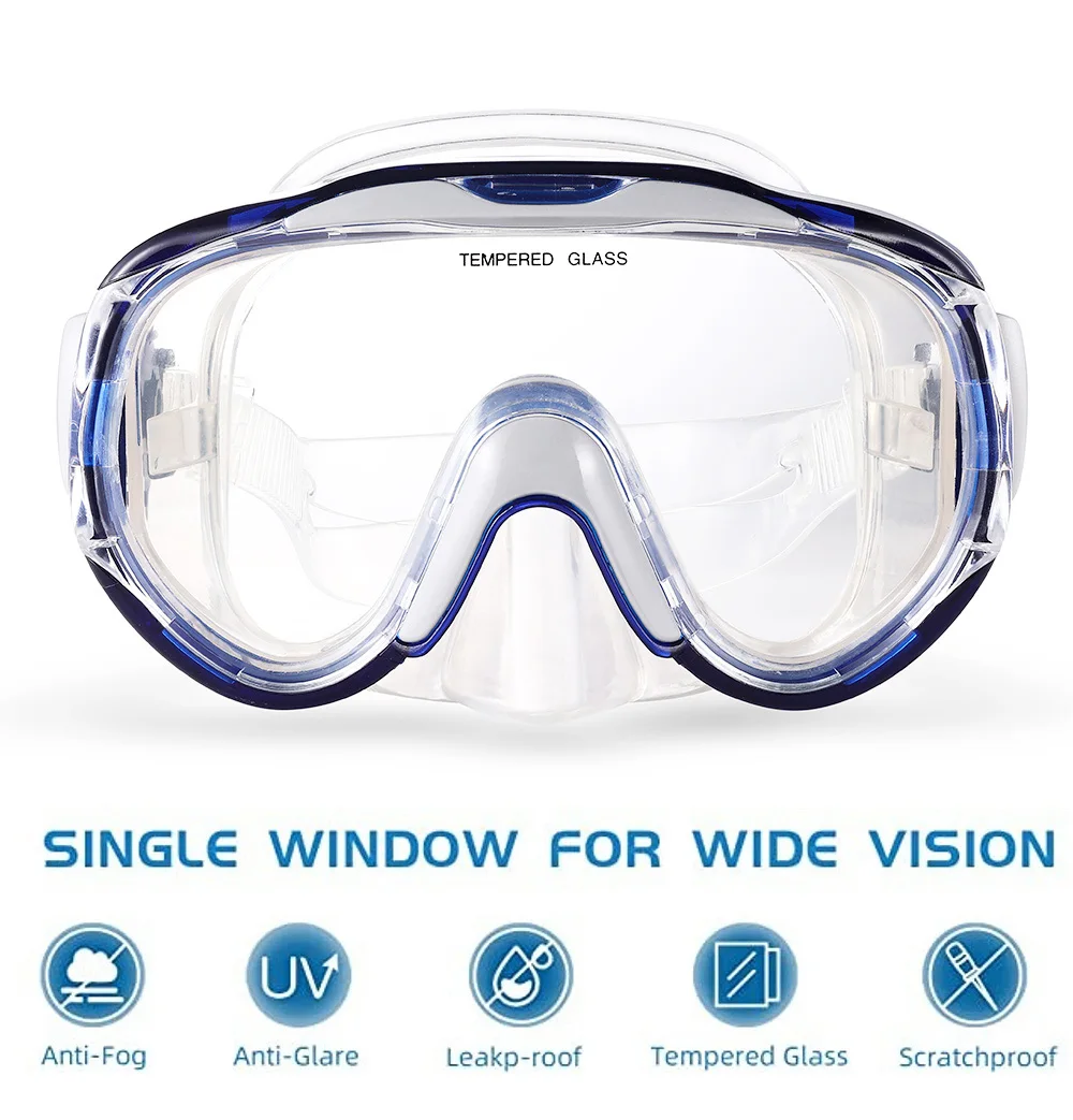 Adult Diving Mask With Automatic Clip On Tempered Glass Lens Anti Fog Leak Proof Adjustable Headband Silicone Diving Mask