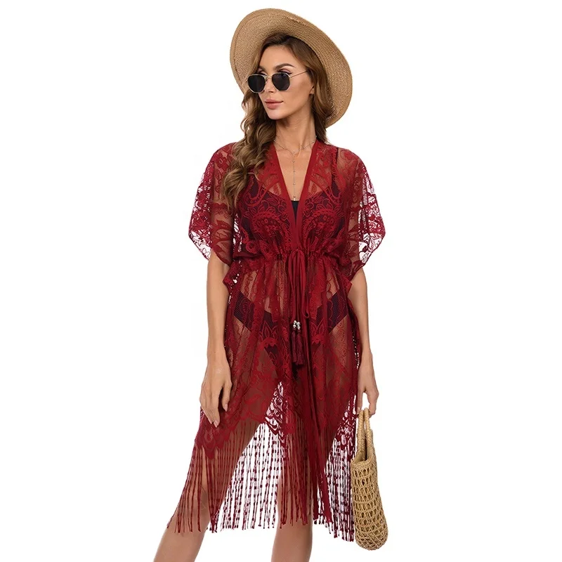 Sexy Women Lace Cardigan O-Neck Elastic Waist Fringed Lace Long Tops Bikini Cover- Up Summer Beach Blouse