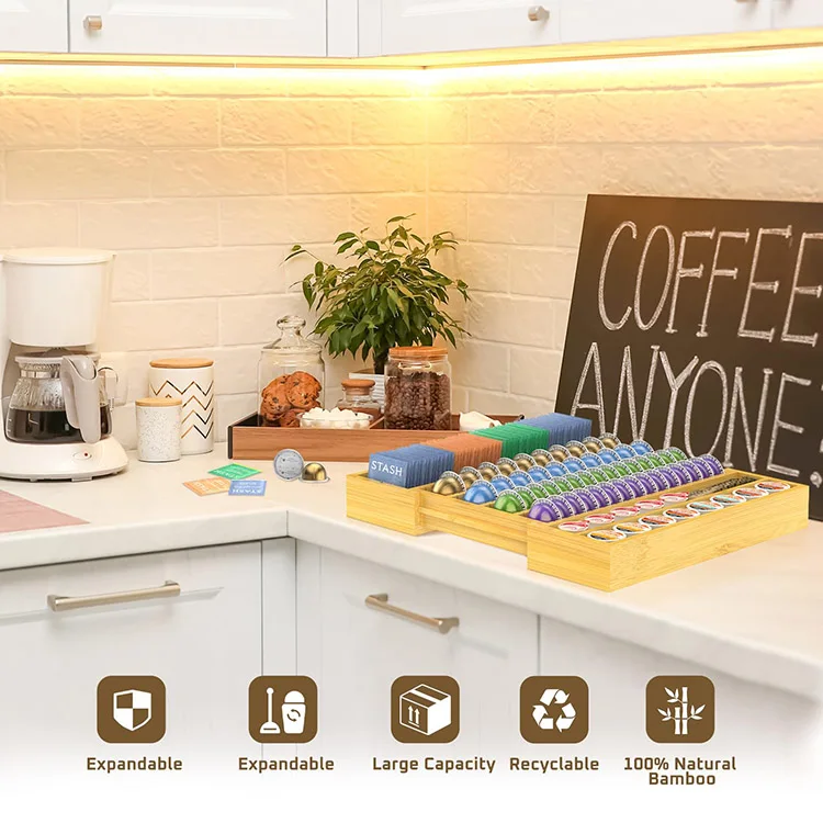 Bamboo Coffee Pod Storage Organizer Expandable K Cup Coffee Pods Holder Compatible with Nespresso Vertuo Capsules