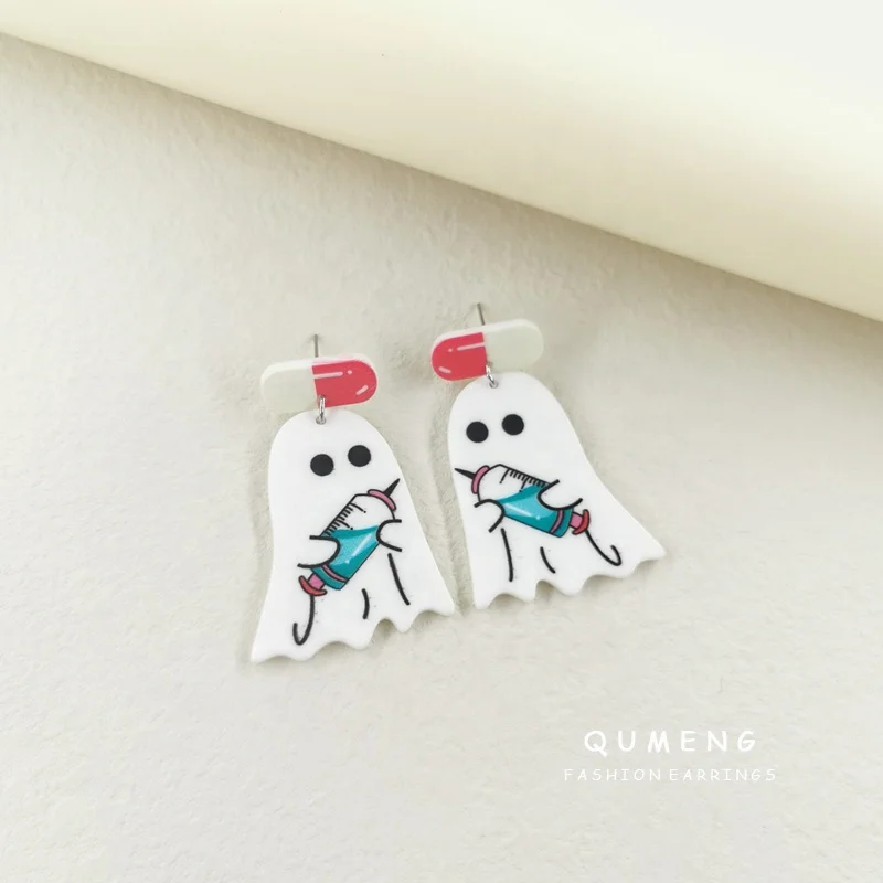 New Ins Cute Unique Funny Pill Capsule Ghost Doctor Syringe Acrylic Print Earrings For Women Medicine Fashion Halloween Jewelry