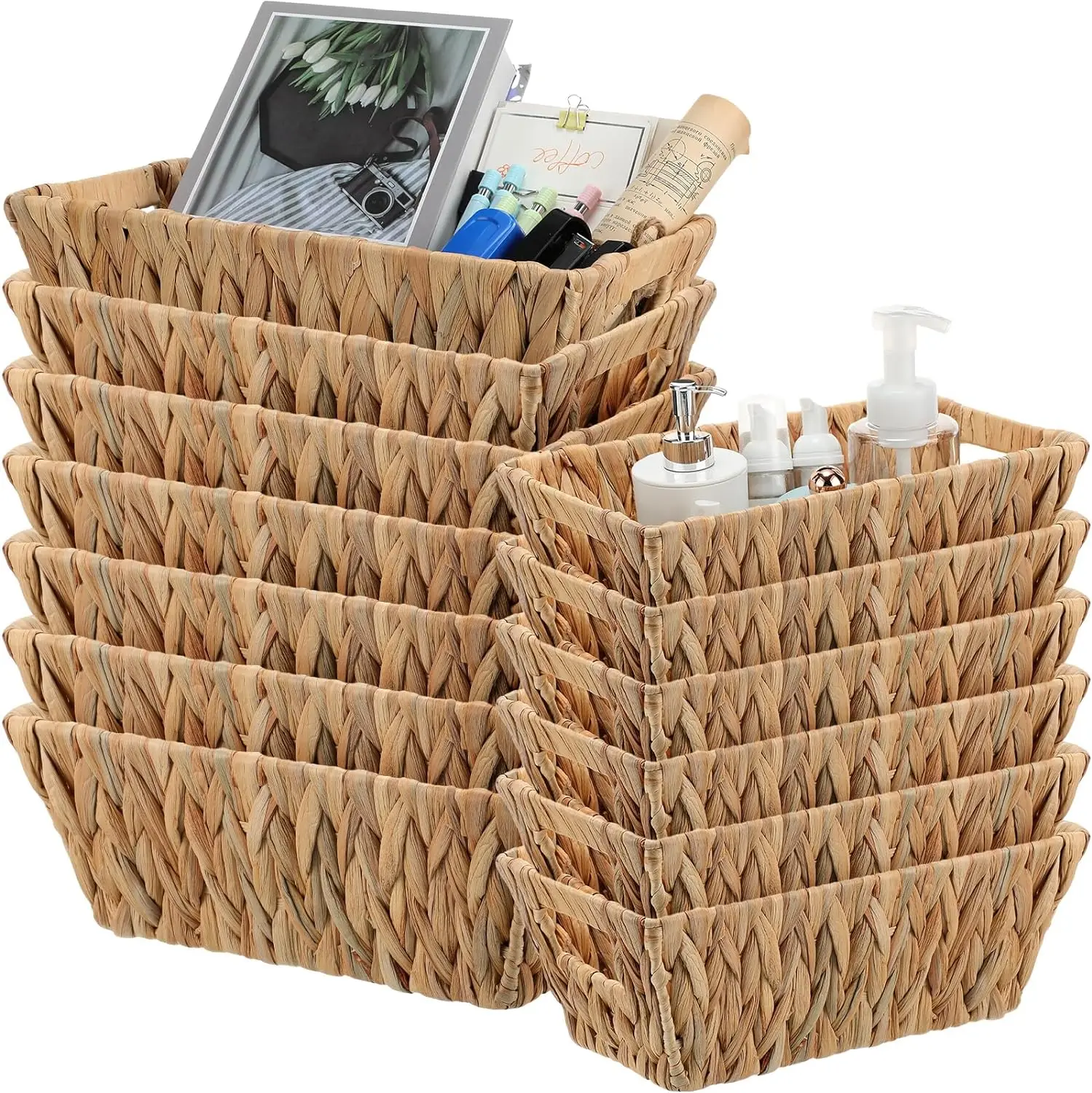 Small Wicker Basket Bulk Woven Water Hyacinth Baskets for Organizing Baskets with Built in Handles for Kitchen Bathroom Shelf