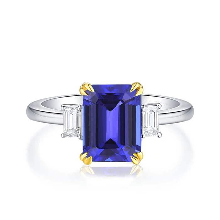 925 Sterling Silver Emerald Cut Tanzanite Stone Tanzanite Engagement Wedding Rings For Women