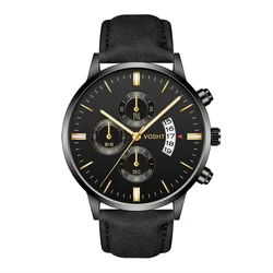 Часы наручные мужские с кожаным ремешком, высококачественные водонепроницаемые повседневные деловые с календарем, тремя петлями и шестью иглами