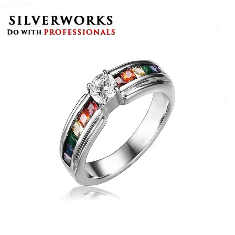 
925 sterling silver Rainbow zircon Ring gay lesbian pride zirconia engagement ring wedding ring 