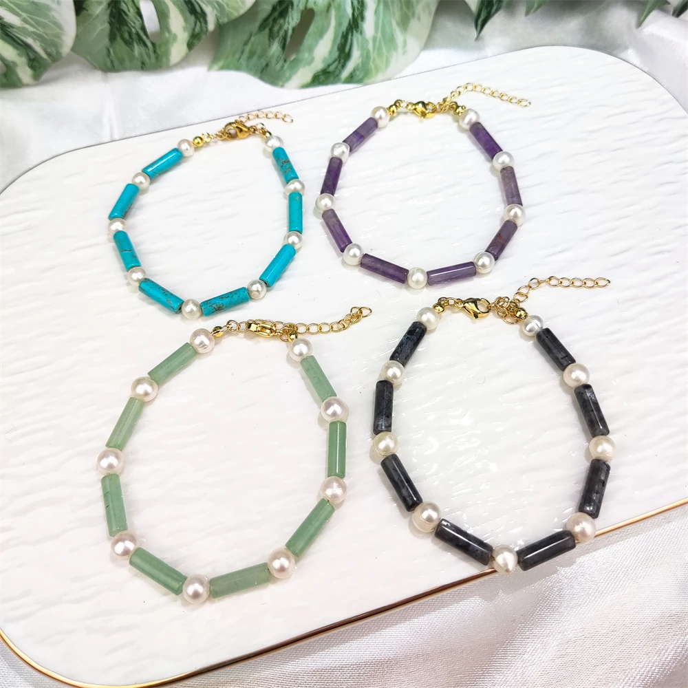 Women Fashion Jewelry Natural Crystal Amethyst Obsidian Turquoise Gemstone Beaded Bracelet Freshwater Pearl Bracelet For Gifts