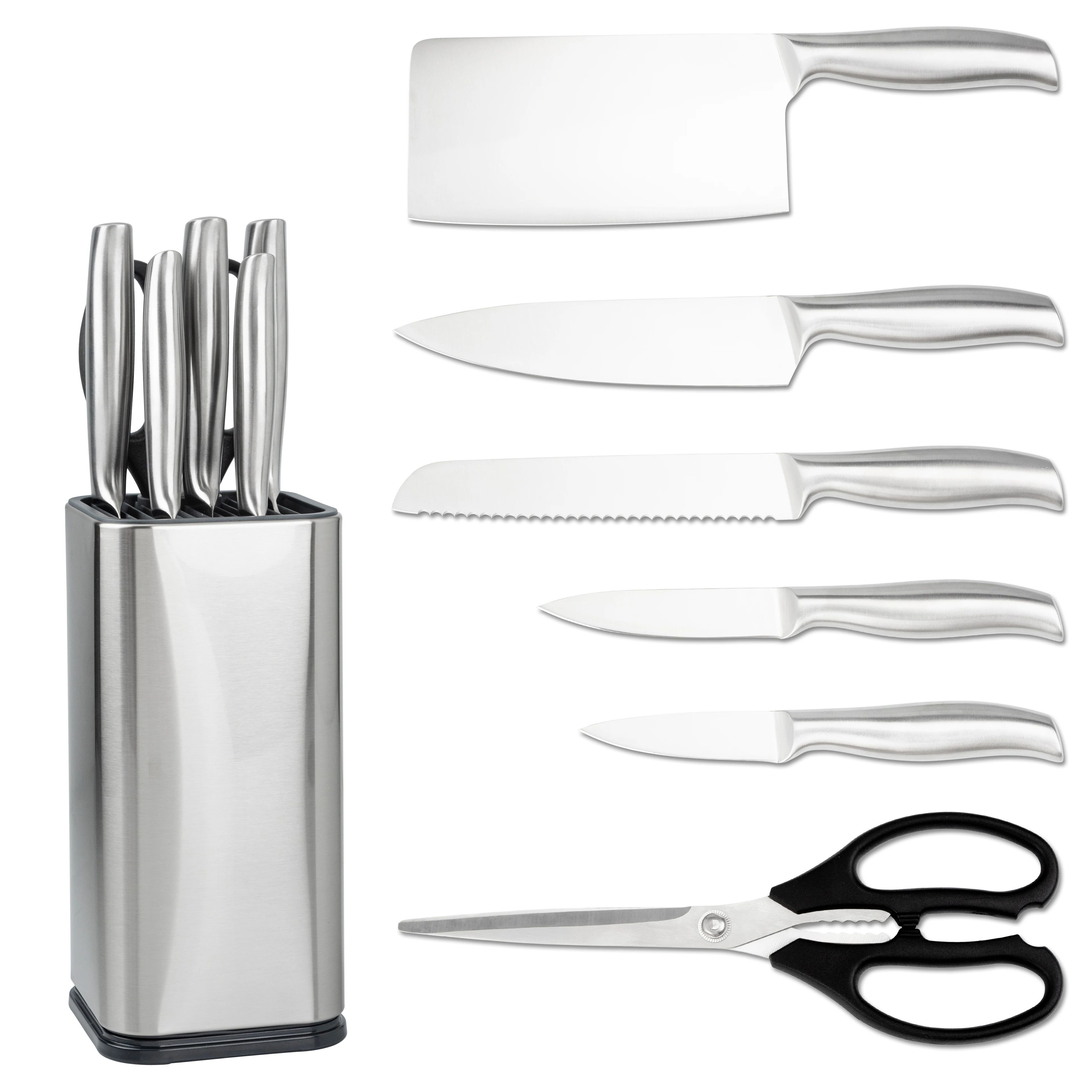 Custom Logo Stainless-Steel Rectangular Design Knife Block Set Scissors-Slot Counter-top Storage Universal Kitchen Knife Holder