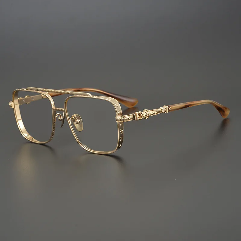 Роскошные высококачественные ремесленные очки, металлические титановые очки среднего золотого цвета, квадратная большая оправа для очков для мужчин и женщин