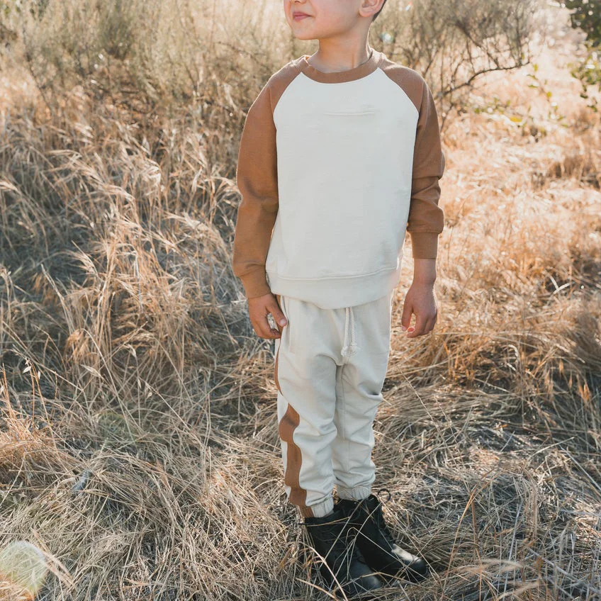 Children Kids Cotton Set Raglan Crew Neck Sweatshirt Color Block Jogger Striped Pants Two Piece Set Slim