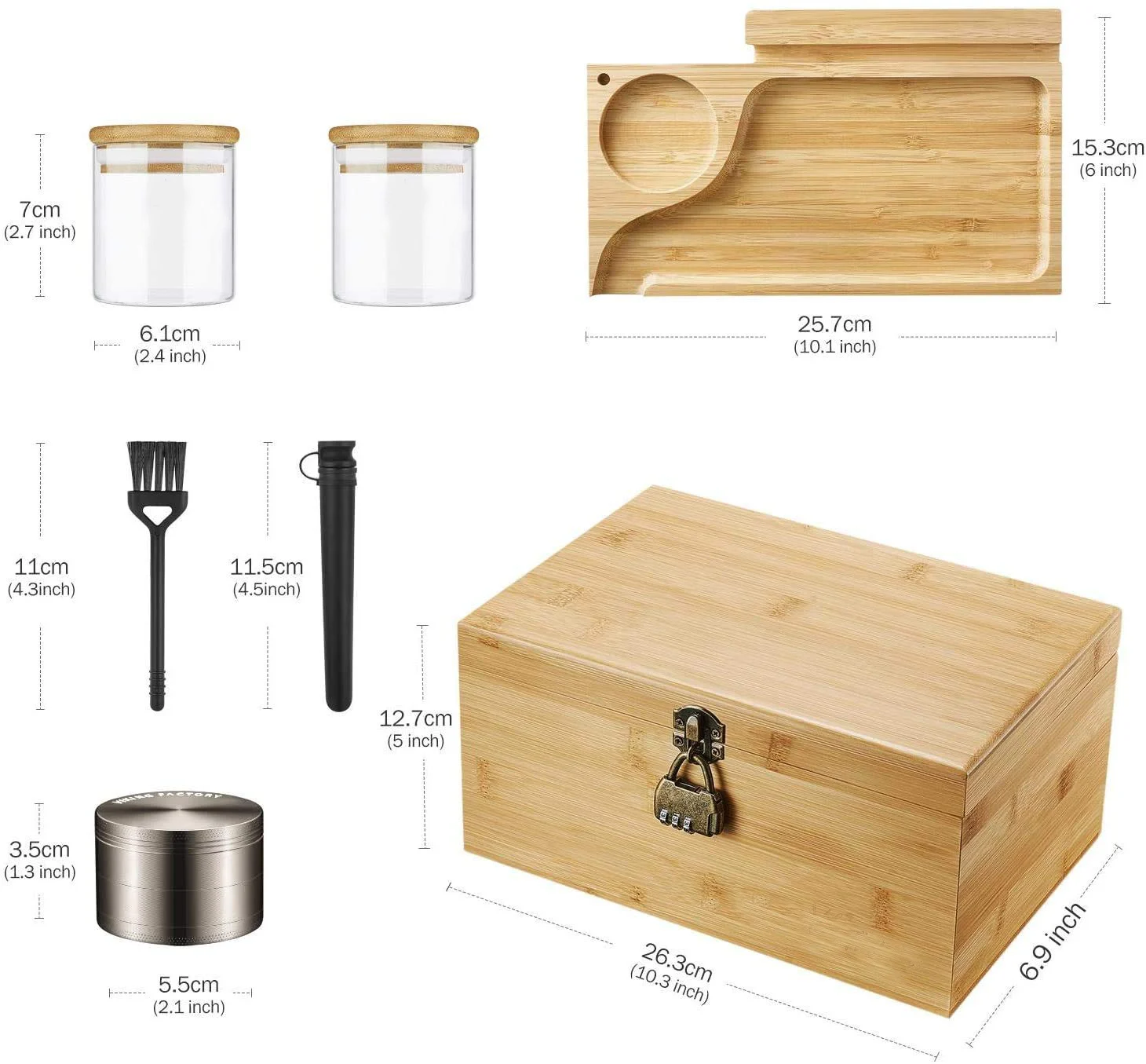 Коробка для хранения из натурального бамбука с подносом, коробка для сигар со стеклянной герметичной емкостью, шлифовальная машина, кодовый замок, щетка для мужской игрушки
