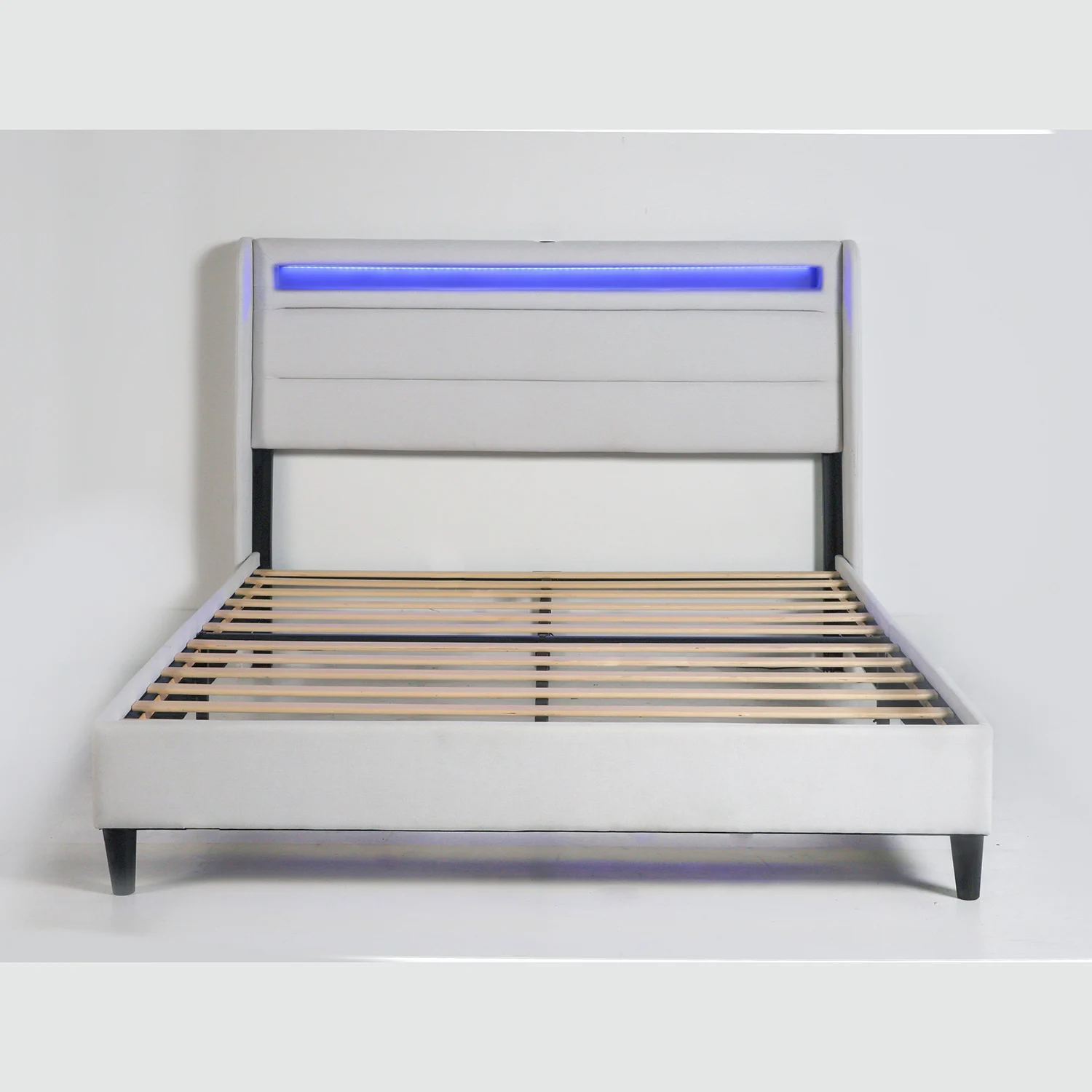 VASAGLE modern style fabric double Upholstered bed Heavy Duty Wood Slats Queen Bed Frame with LED Lights
