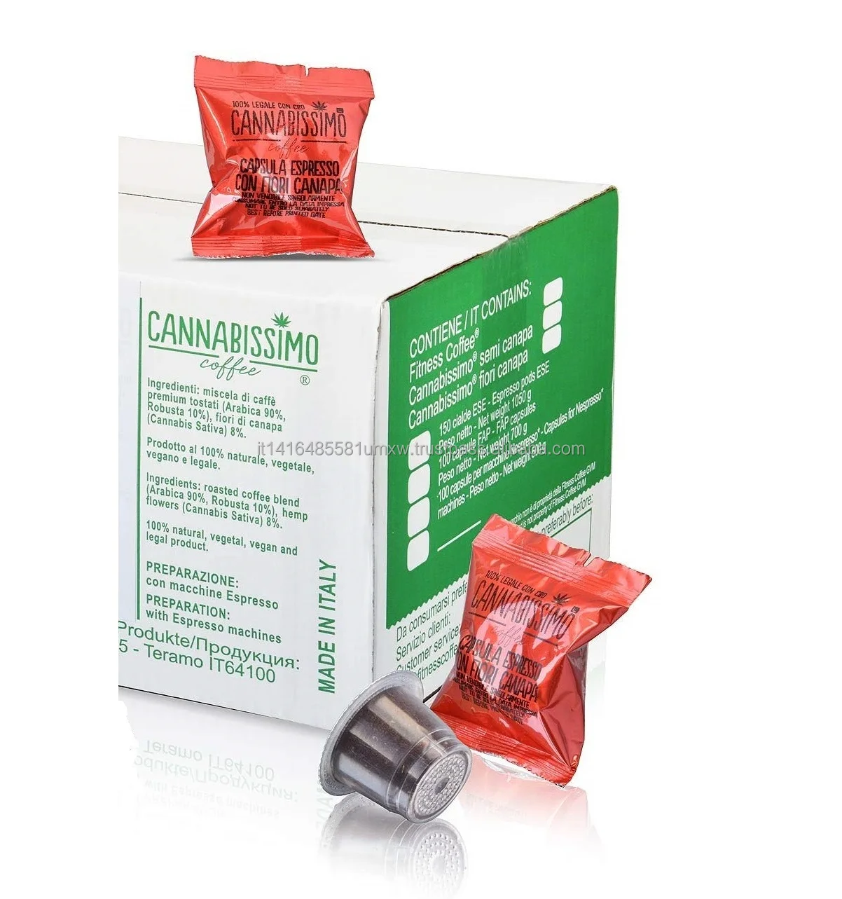 Cannabissimo Coffee with hemp flowers containing CBD, capsules compatible Nespresso in cartons of 100. Healthy, antistress