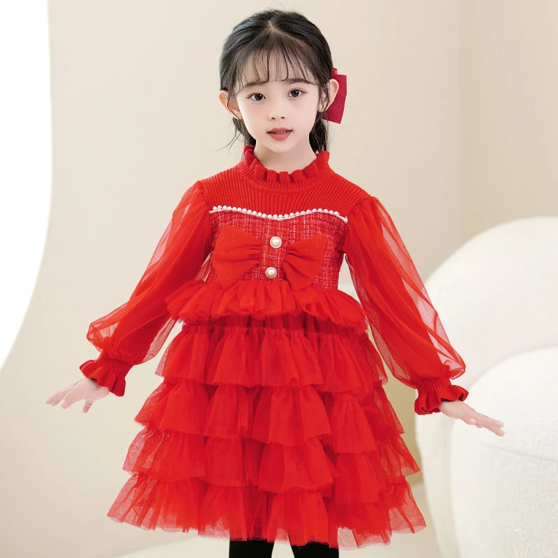 New girl spiny pleated gauze cake dresses long sleeve host piano performance dress