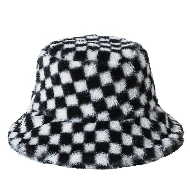 Black and White Check Winter Furry Soft Sunday Angora Yarns Bucket Hats For Women