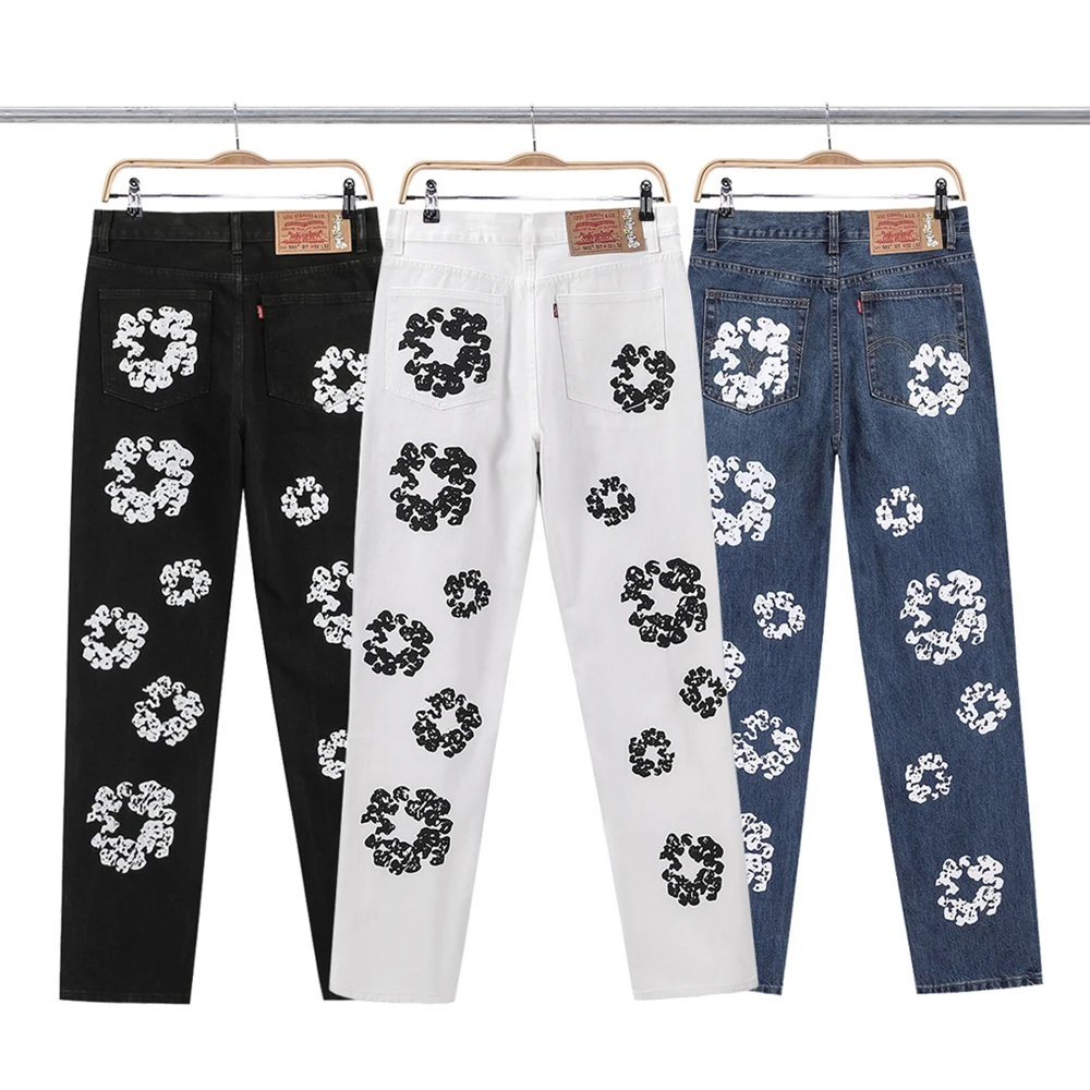 Wholesale high quality high street jeans custom embroidered Chenille embroidery cloth stickers Men Straight Denim Trousers