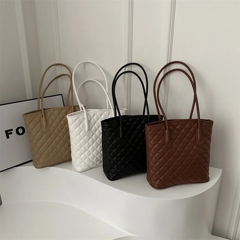 Wholesale Pure Color Rectangle Shoulder Bag Women PU Leather Underarm Bags Embroidery Rhombus Indentation Handbags for Girls