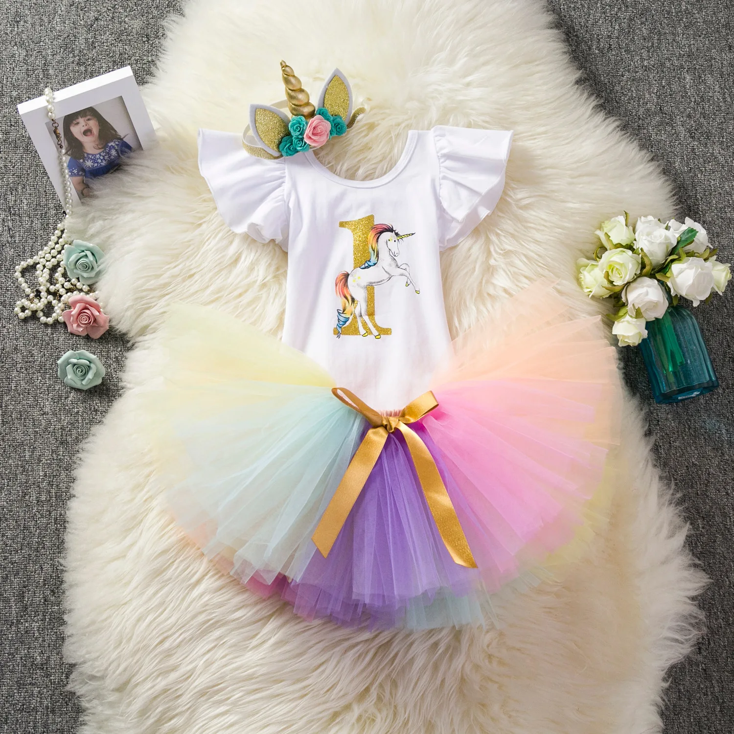 Wholesale Flower 1st First Birthday Outfit Boutique Unicorn Tutu Dress 1 Year Baby Girl Birthday Dresses with Headband 3pcs