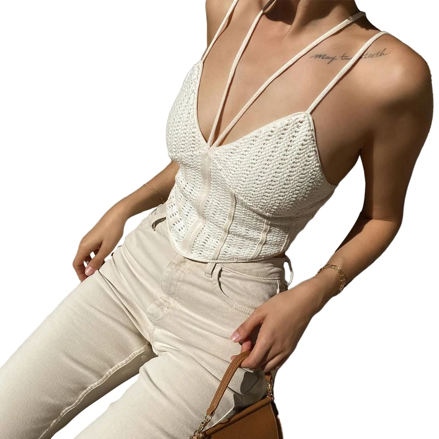 W21L06132 Womens Clothing 2021 Knitted V-neck Halter Camis Tops Sexy Backless Crop Top