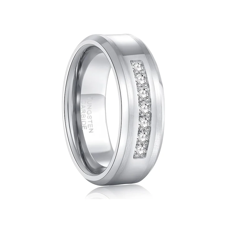 wholesale 8mm Luxury High Quality Shining Diamond Stone Bevel Edge Comfort Fit Moissanite Diamond Tungsten Carbide Ring