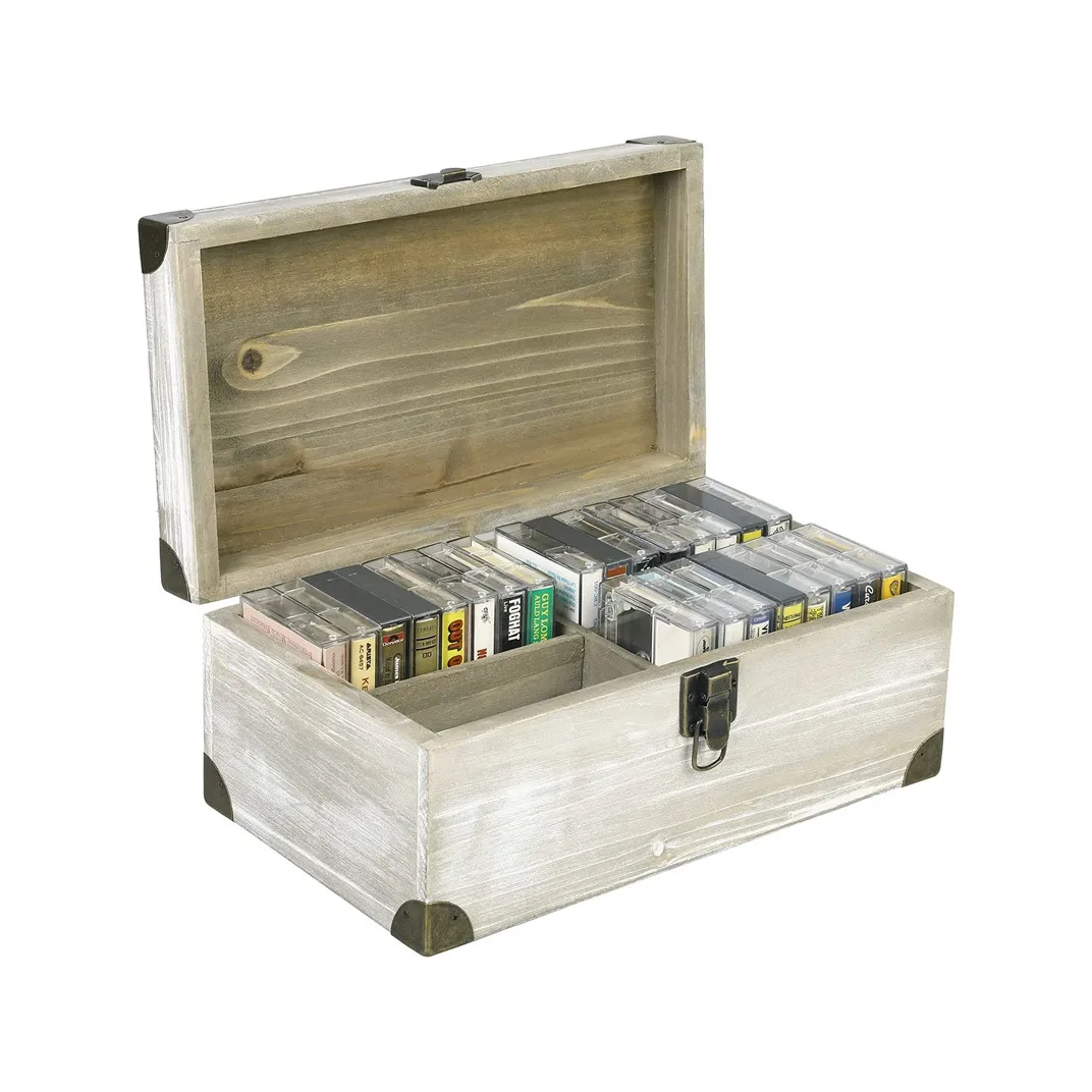 Shabby Whitewashed Brown Wood Retro Audio Cassette Tape Storage Box with Vintage Brass Metal Bracket Accents