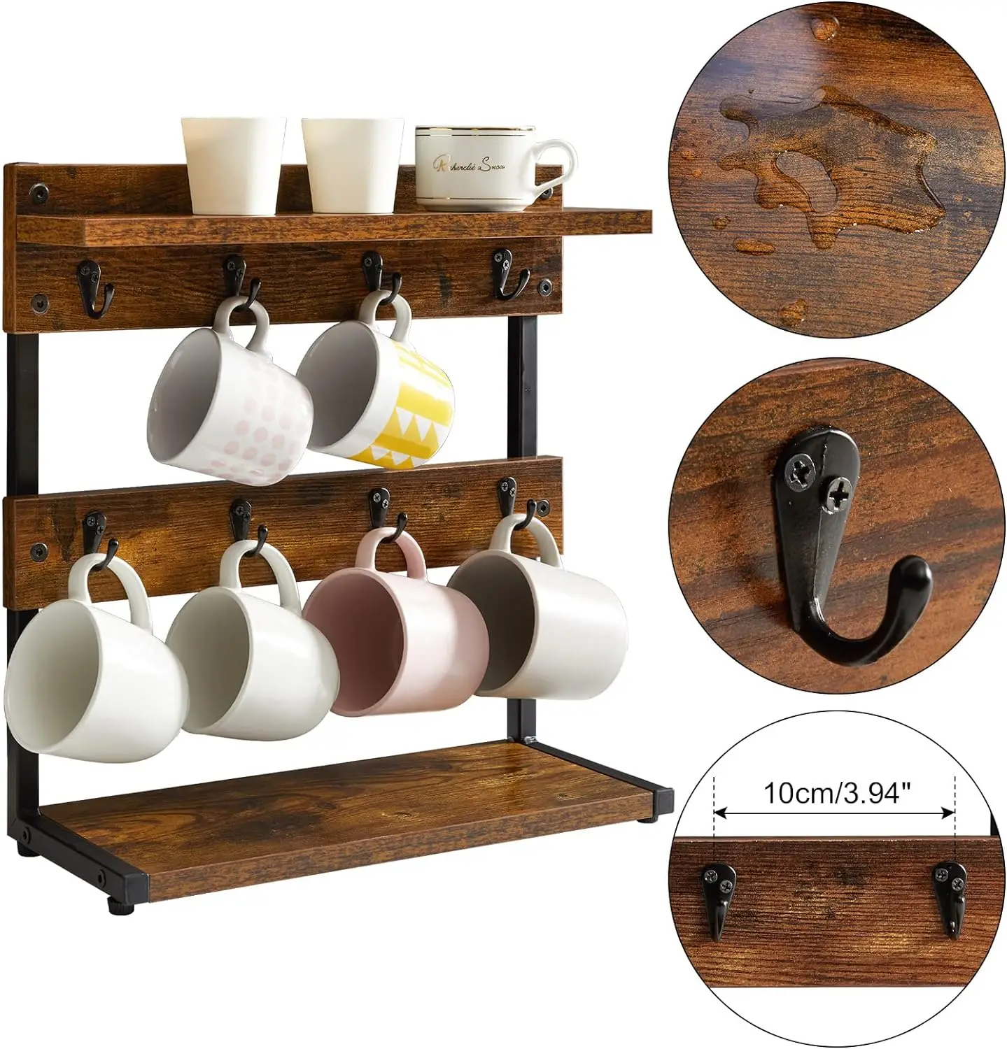 Rustic Coffee Mug Holder Stand, 2 Tier Countertop Mug Tree Holder Rack with Storage Base, Vintage Mug Holders for Kitchen