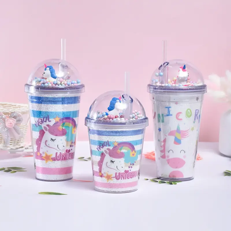 Wholesale cute cartoon girl sipper bottle water bottle plastic sports double-layer tumbler unicorn kids water bottle with straw